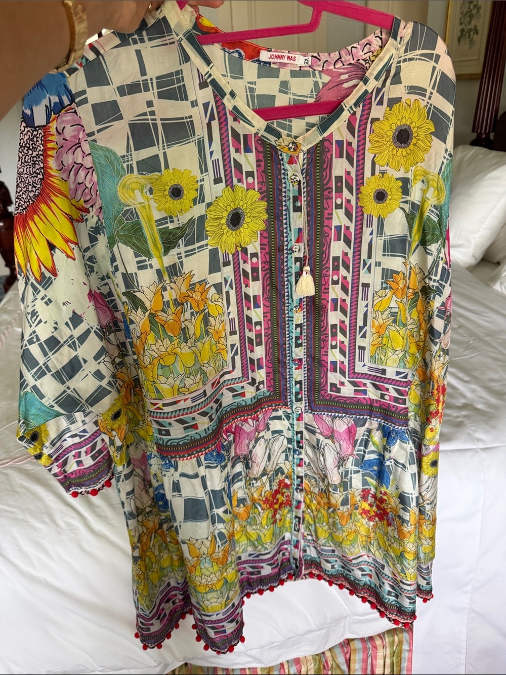 Johnny Was Multicolor Floral Button-Front Shirt with Yellow Sunflowers